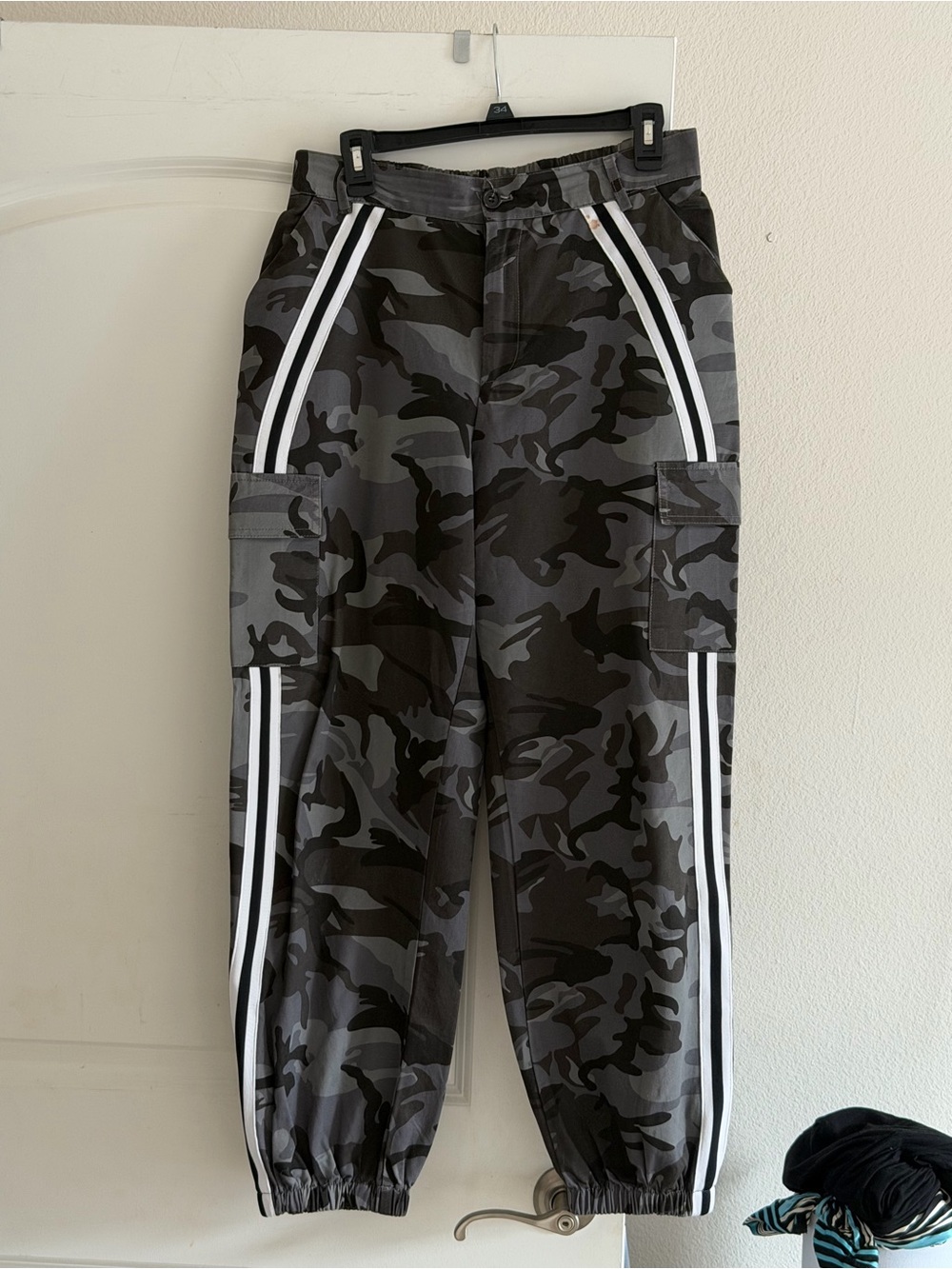 Women's Gray Camo Cargo Jogger Pants with Stripe Detail